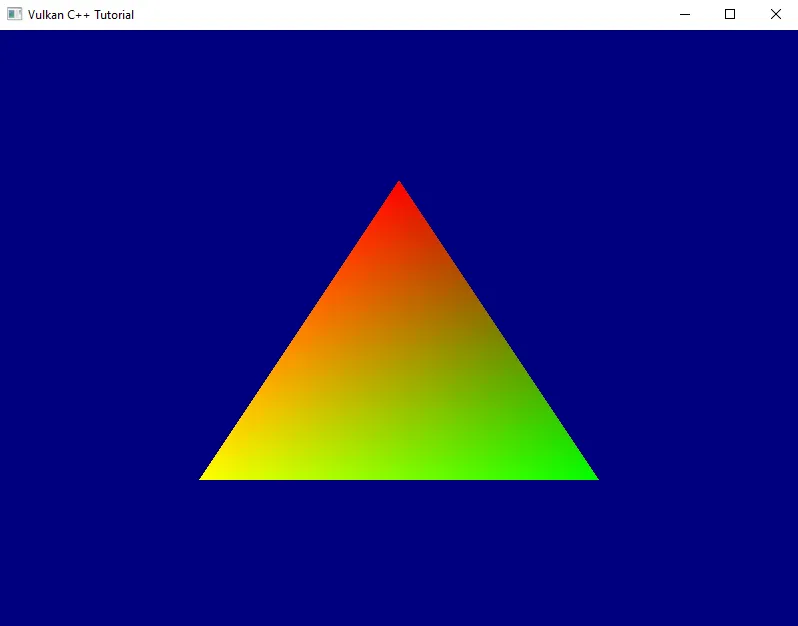 Screenshot showing the rendering of our colored triangle on a dark blue background